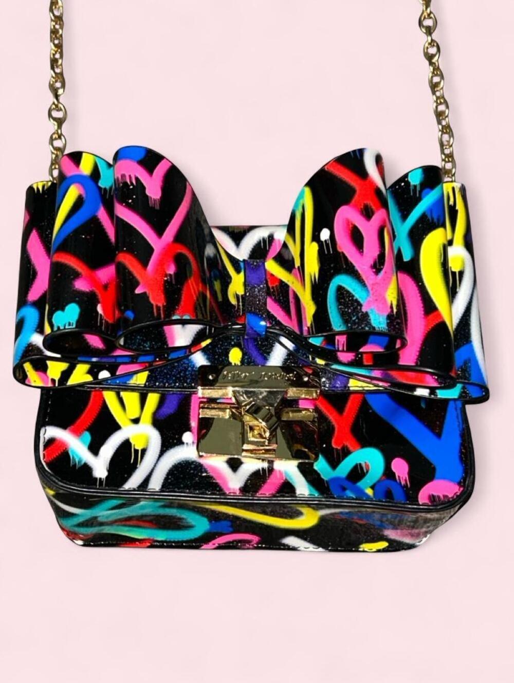 Betsey Johnson Multi Color Heart Print Bow Crossbody Bag with Gold Chain